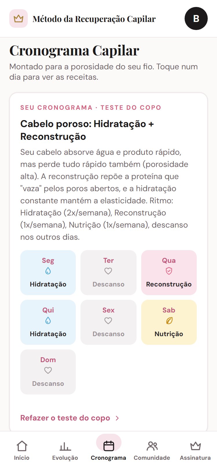 Tela do aplicativo mostrando o cronograma semanal personalizado